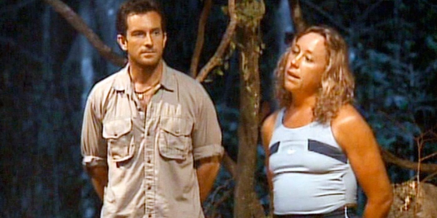 Jeff Probst stands next to Sue Hawk as she delivers her infamous snakes and rats speech on Survivor: Borneo.