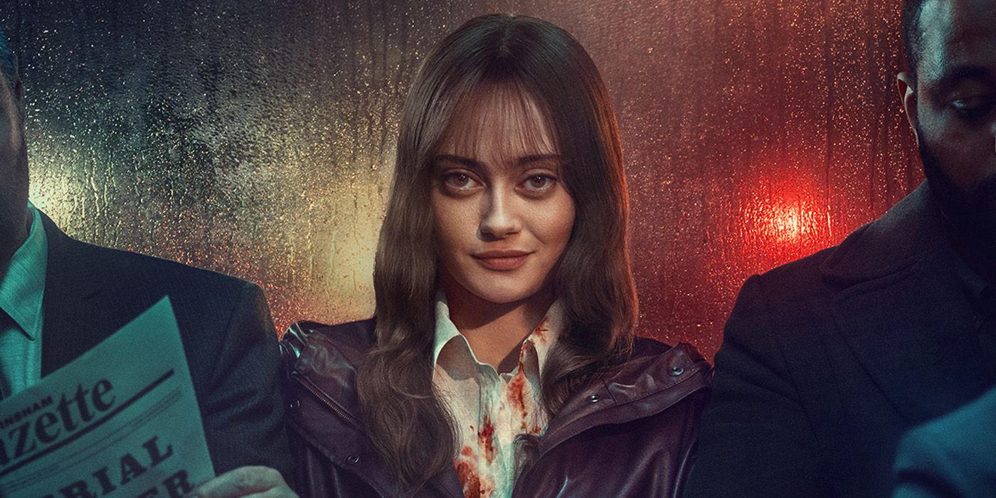 Ella Purnell in a bus looking at the camera with blood on her shirt in Sweetpea