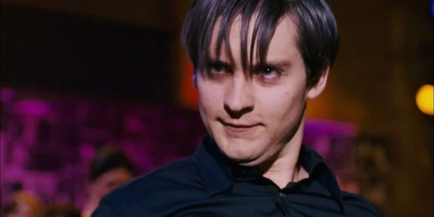 Symbiote Peter Parker looking devious in a club in 'Spider-Man 3'.