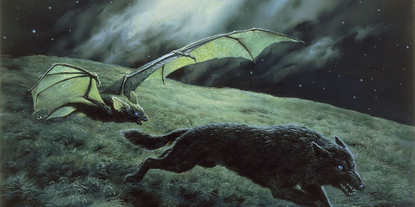 Beren and Lúthien transformed into the shapes of Thuringwethil and Draugluin