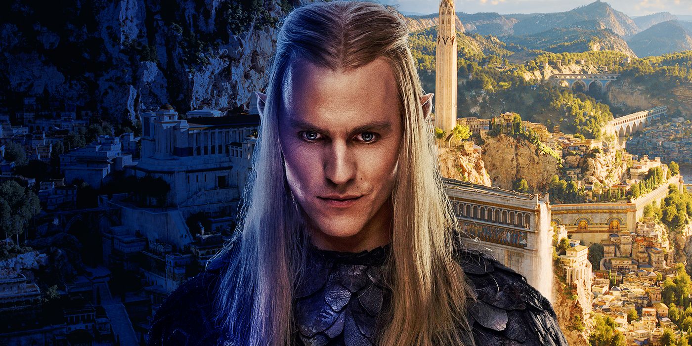 A custom image of Sauron in his Annatar guise (Charlie Vickers) staring at the audience with a smirk with a picture of the city of Eregion behind him, with the left side a dark nighttime blue and the right side a bright sunny yellow, in Rings of Power Season 2