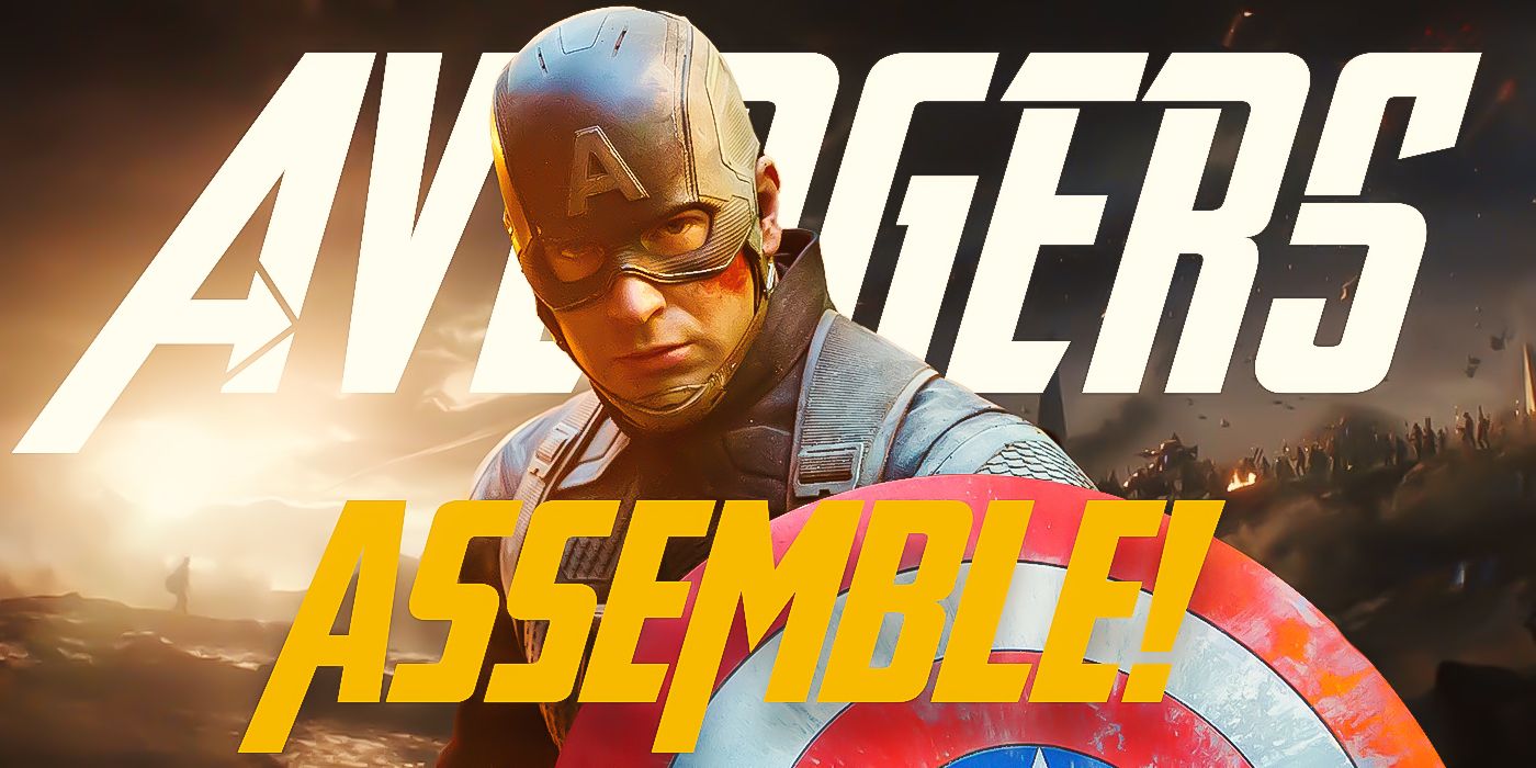 Blended image showing Chris Evans as Captain America with AVENGERS ASSEMBLE on large yellow letters.