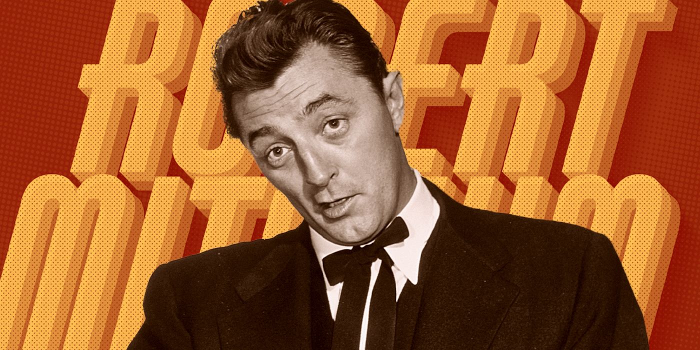 Blended image showing Robert Mitchum with his name on the background.