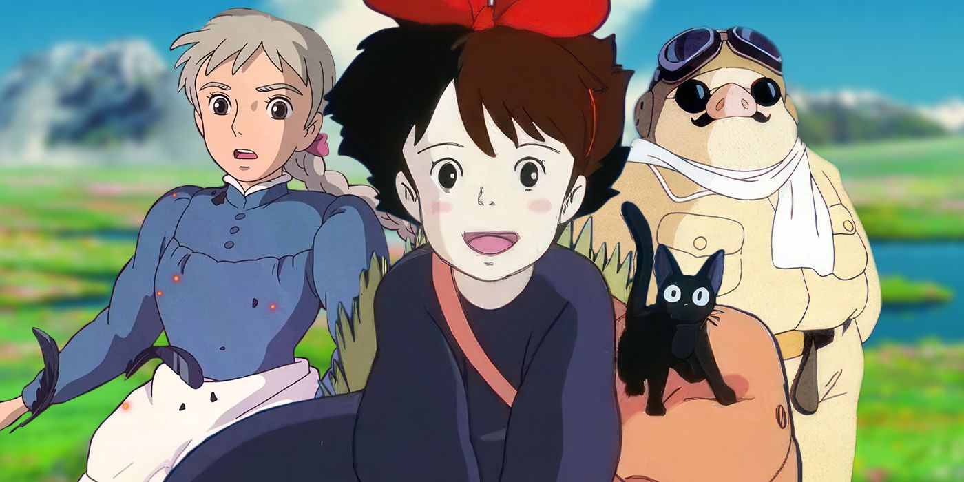 Blended image showing characters from Howl's Moving Castle, Kiki's Delivery Service, and Porco Rosso