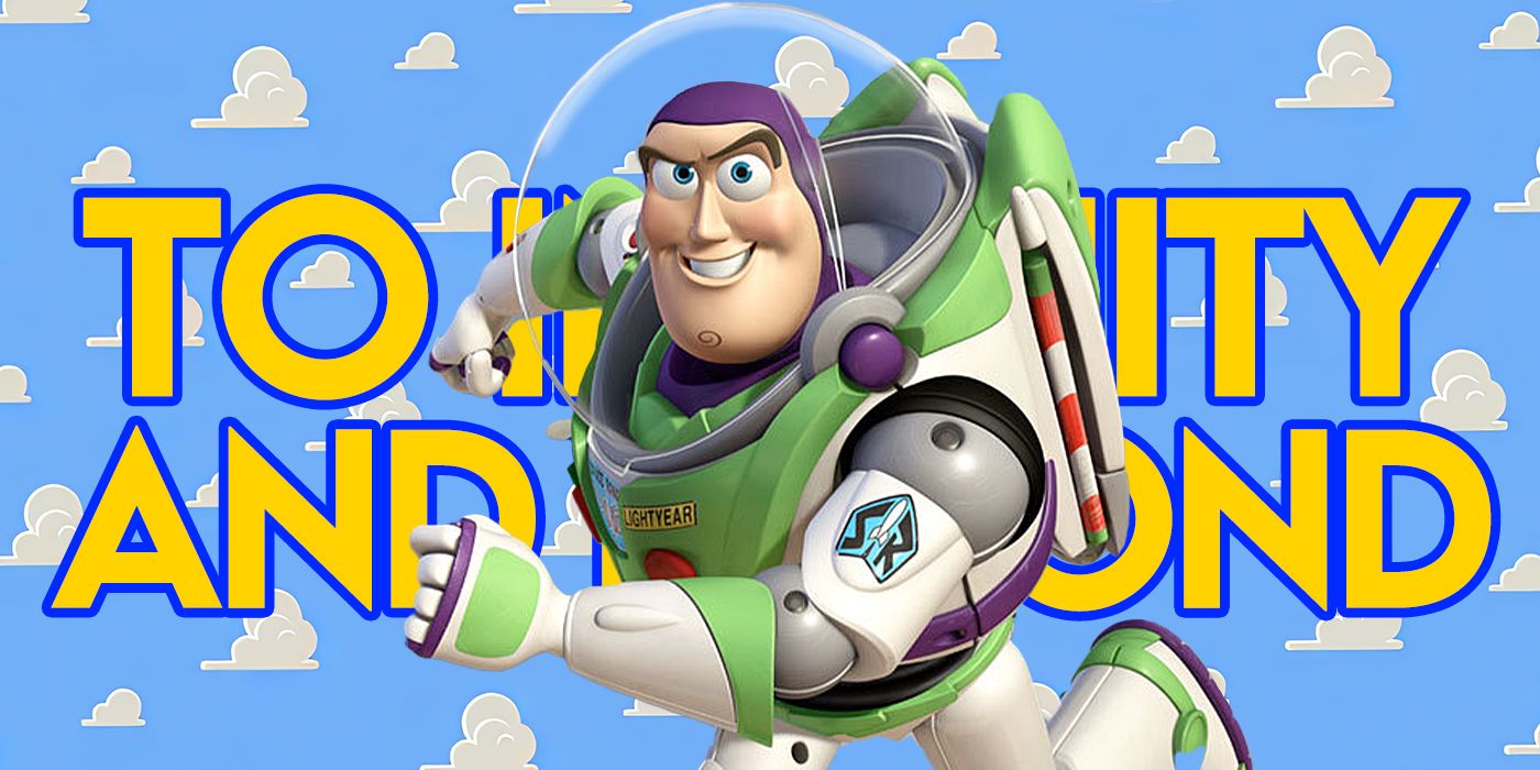 Blended image showing Buzz Lightyear running with a quote in large yellow letters and a blue background.