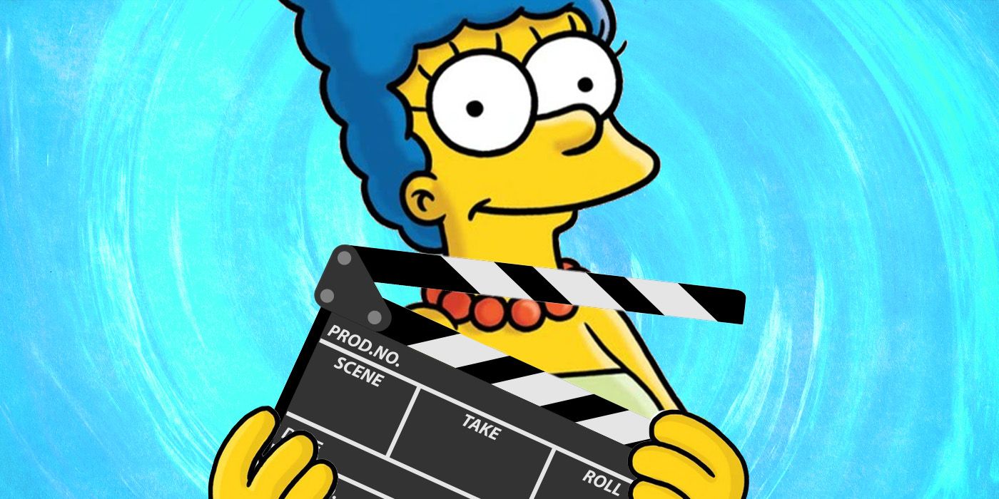 Marge Simpson (voiced by Julie Kavner) of The Simpsons, holding a film slate in front of a blue background