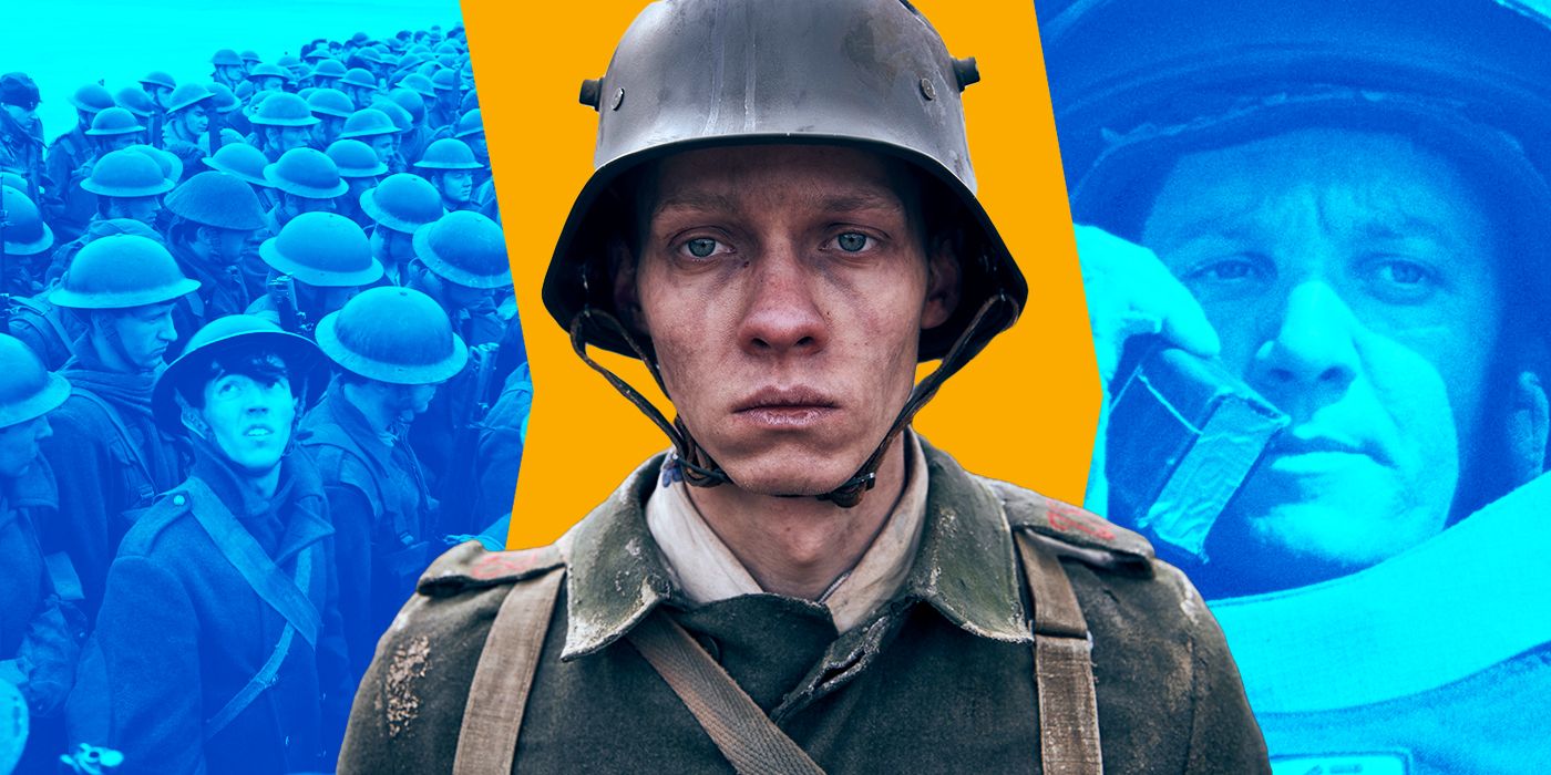 Blended image showing characters from Dunkirk, All Quiet on the Western Front, and The Hurt Locker.