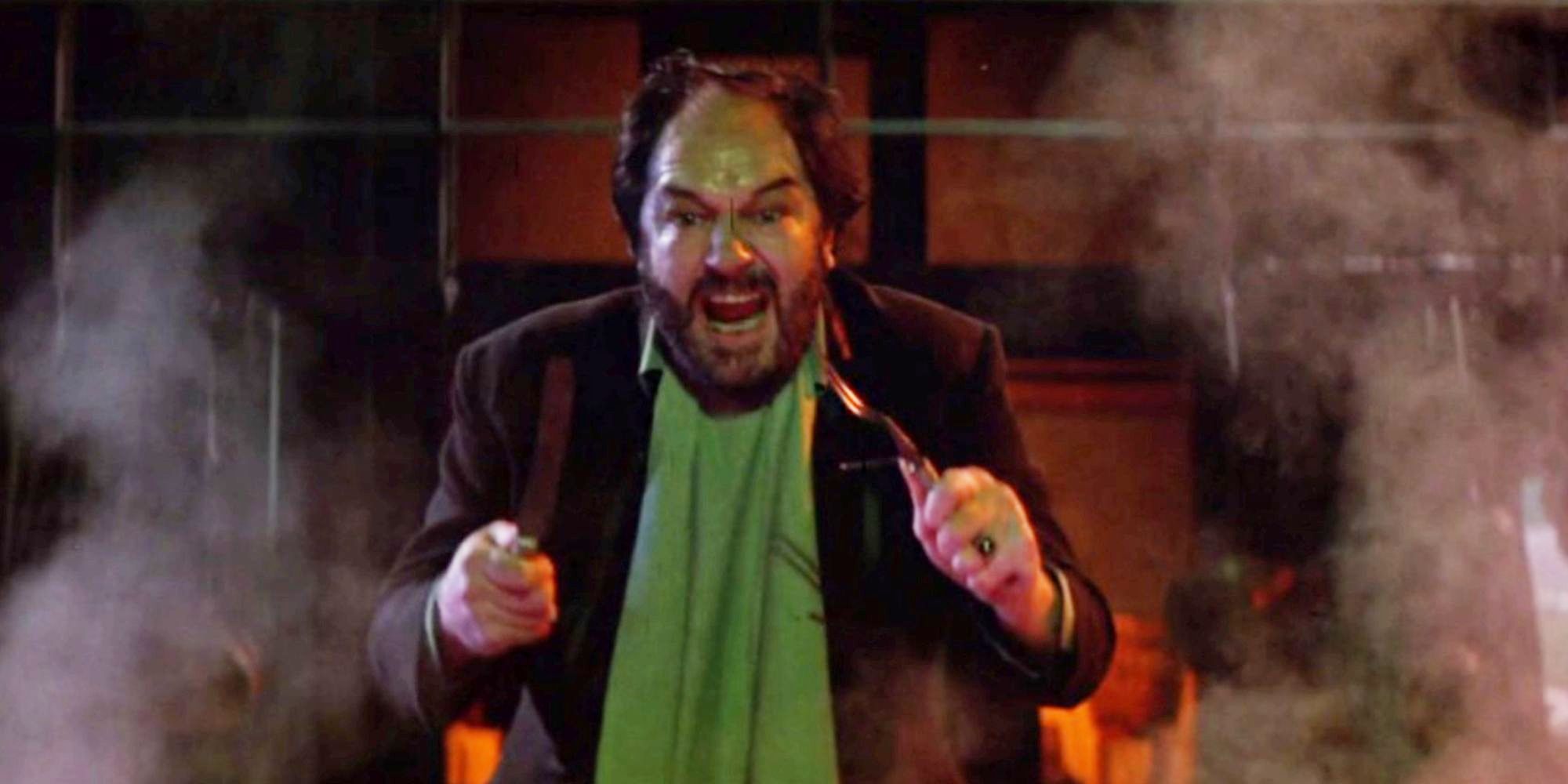 Michael Gambon yells about eating a man while holding cutlery in The Cook, the Thief, His Wife &amp; Her Lover.