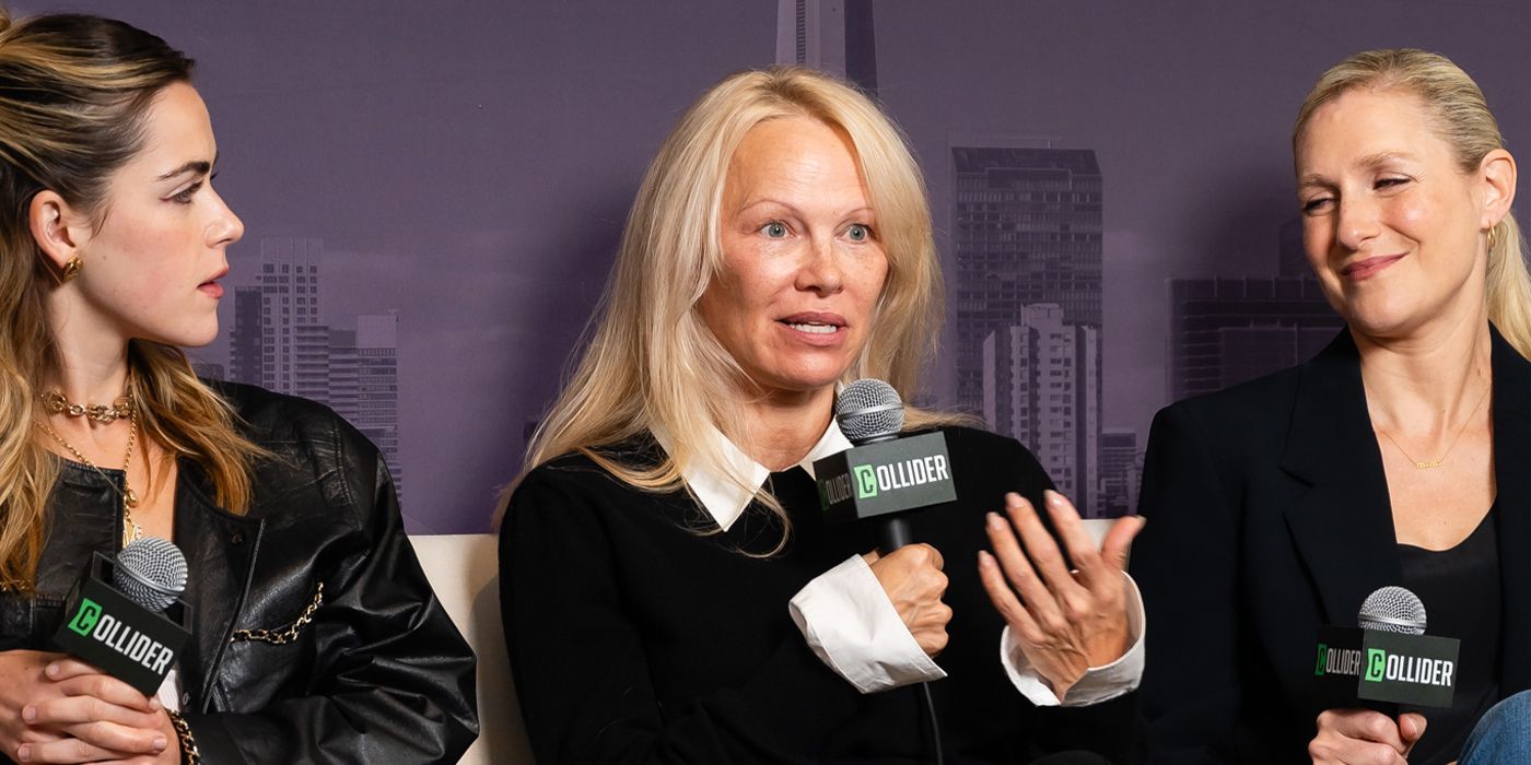 Pamela Anderson talking during an interview at TIFF