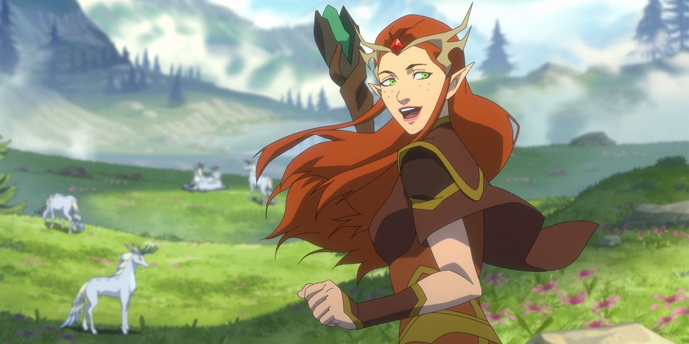 Keyleth (Marisha Ray) smiling in a green field of wild creatures