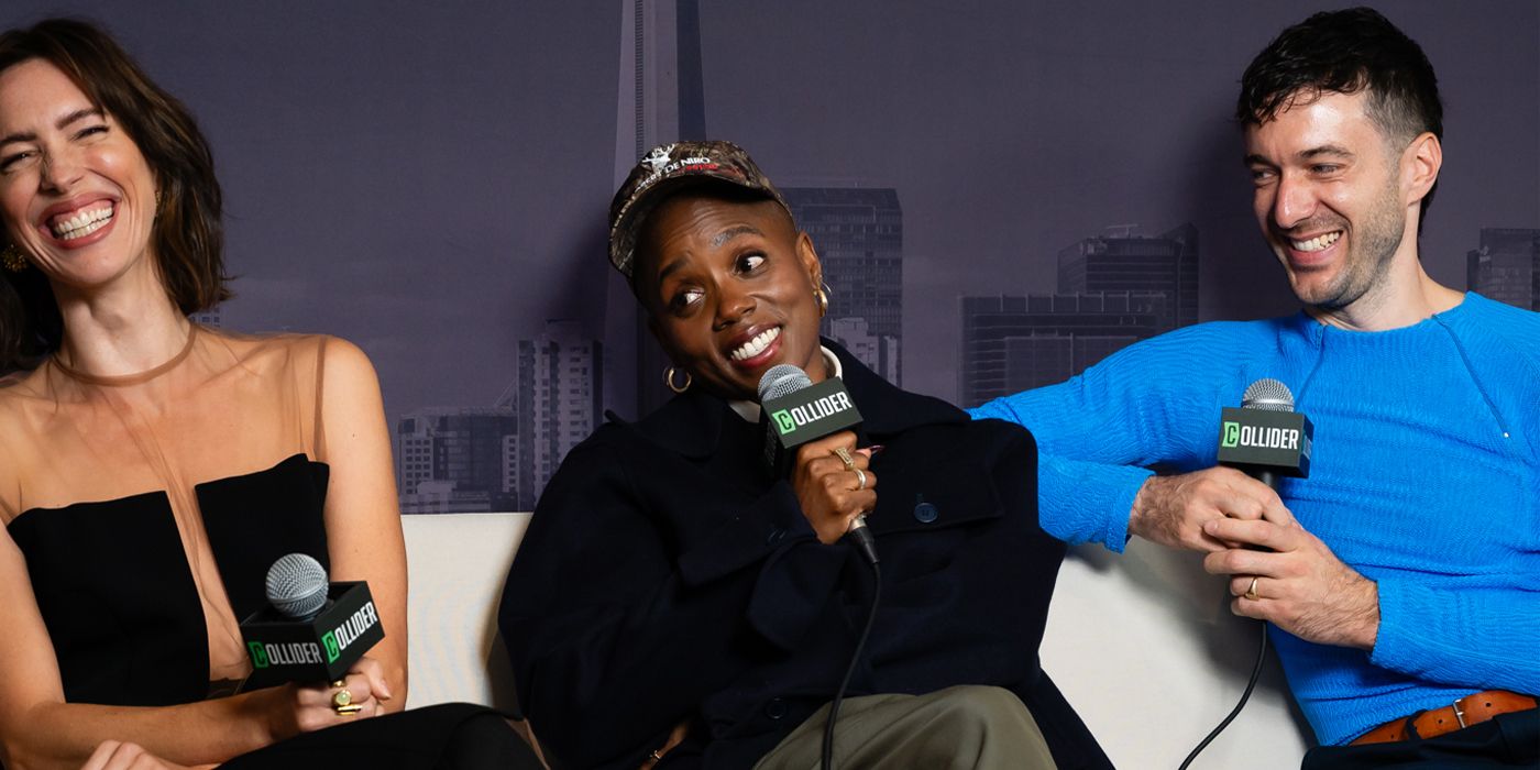 Rebecca Hall, Janicza Bravo and Jordan Tannahill laugh in interview at TIFF 2024 for The Listeners