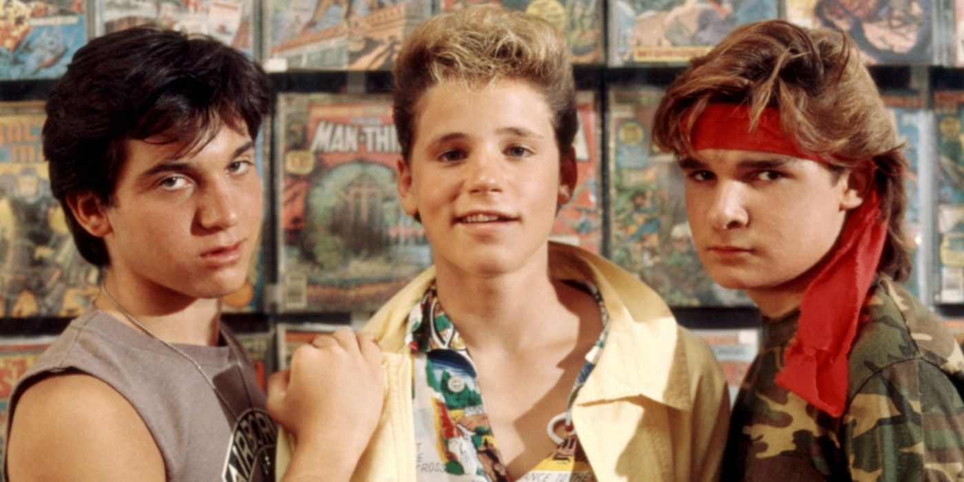 Jamison Newlander as Alan Frog, Corey Feldman as Edgar Frog, and Corey Haim as Sam Emerson in promo for The Lost Boys