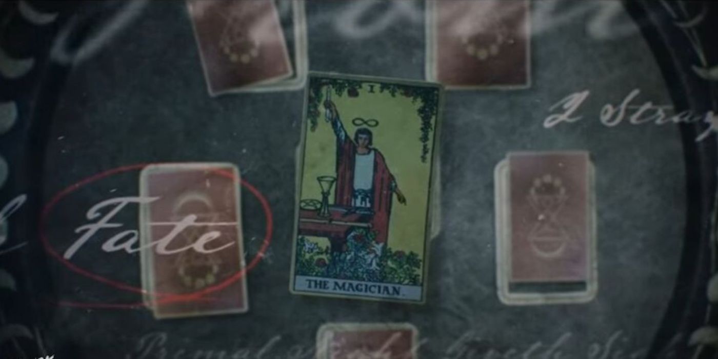 A deck of Tarot Cards on a table with The Magician facing upwards