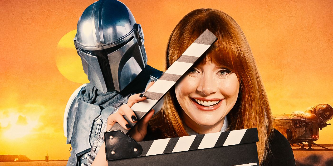 Bryce Dallas Howard standing in front of a clapper with The Mandalorian