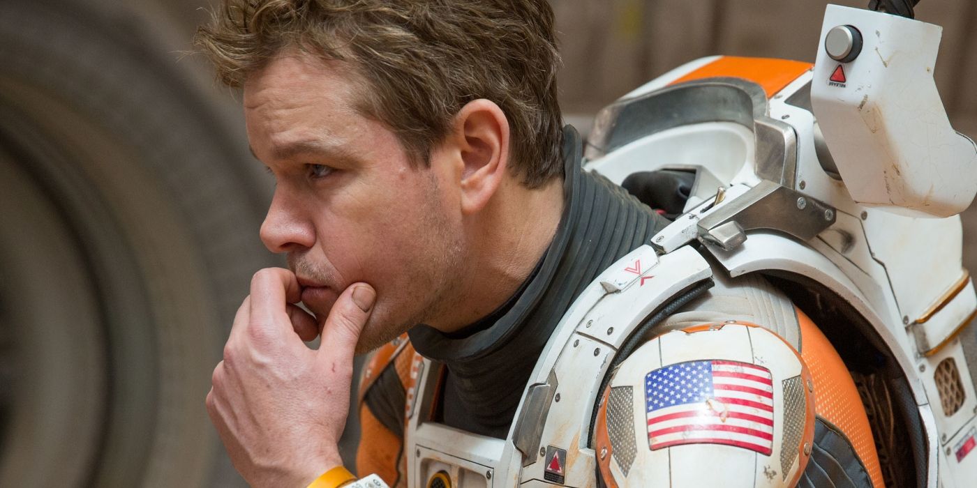 Matt Damon as Mark Watney focusing in The Martian