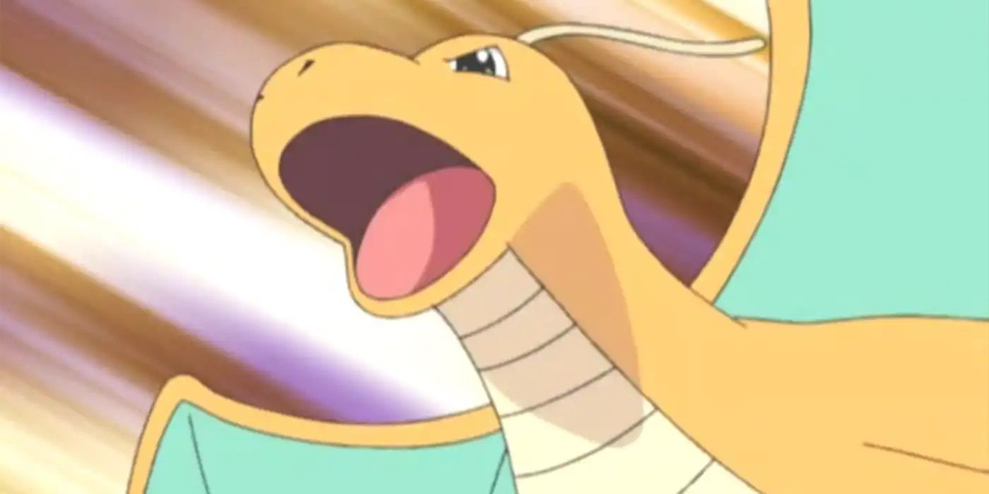 Dragonite después de ser liberado de la bola monstruo.