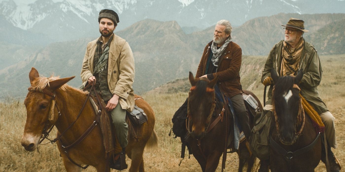 Artur Zai Barrera, Jeff Bridges, and John Lithgow on horseback in The Old Man Season 2 premiere