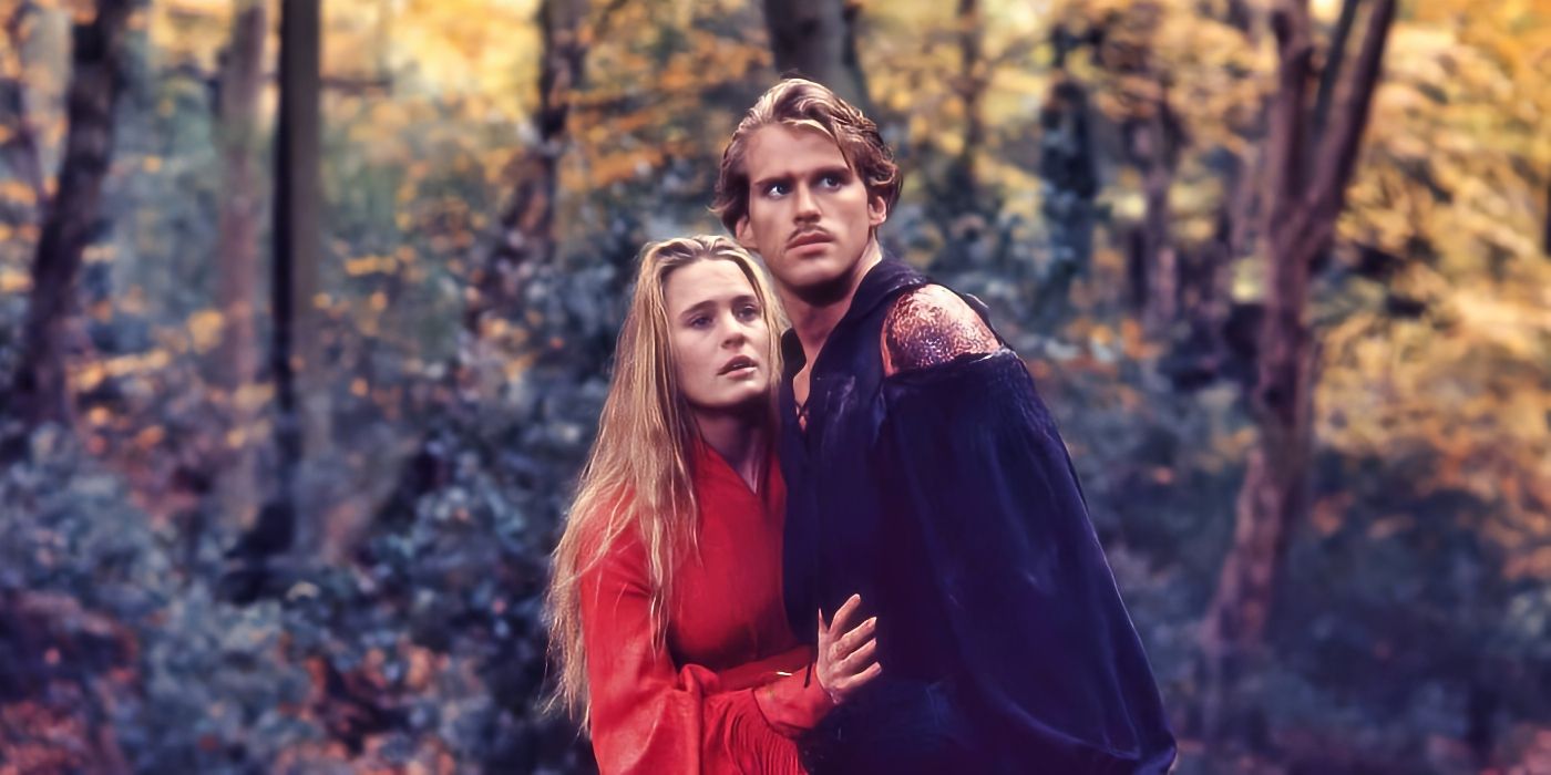 ???????A wounded Wesley (Carey Elwes) protects Buttercup (Robin Wright) with a sword in the forest in The Princess Bride