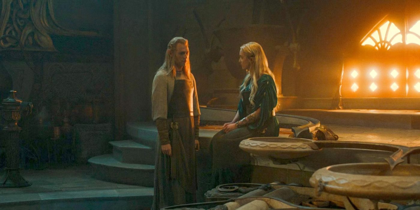 Sauron as Annatar (Charlie Vickers) standing near a sitting Mirdania (Amelia Kenworthy) in Celebrimbor's forge in The Rings of Power Season 2