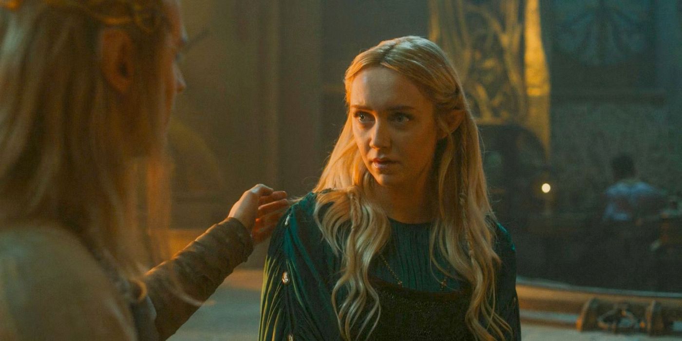 Sauron as Annatar (Charlie Vickers) stroking Mirdania's (Amelia Kenworthy) hair in The Rings of Power Season 2