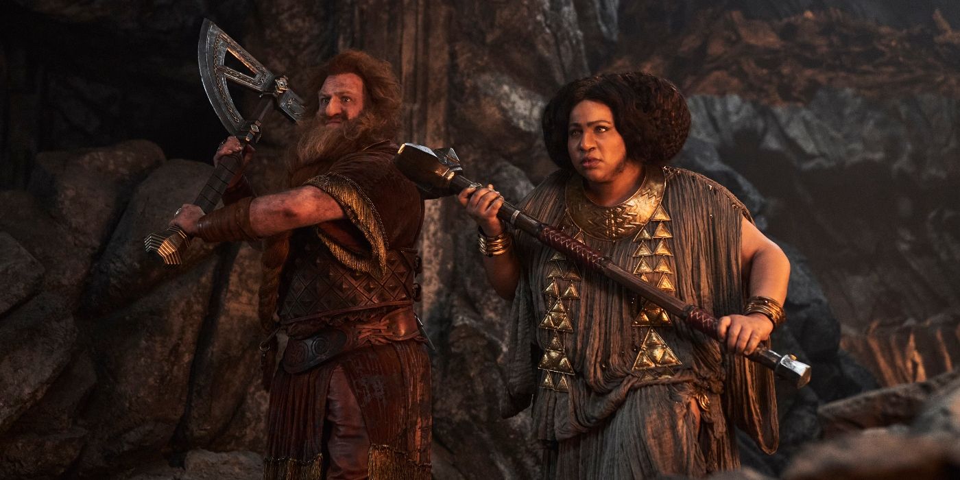 Owain Arthur and Sophia Nomvete brandishing weapons in The Rings of Power Season 2 Episode 7