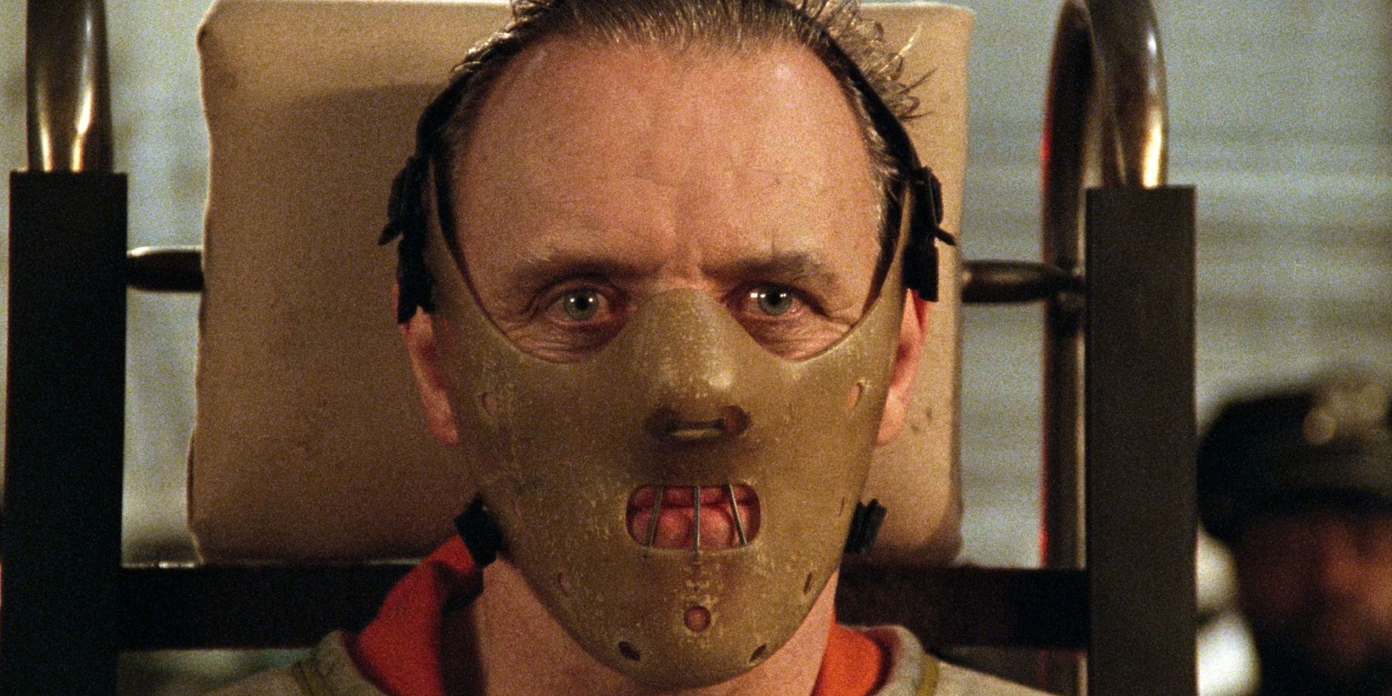 Hannibal Lecter, played by Sir Anthony Hopkins, is restrained with a muzzle in 'The Silence of the Lambs'.