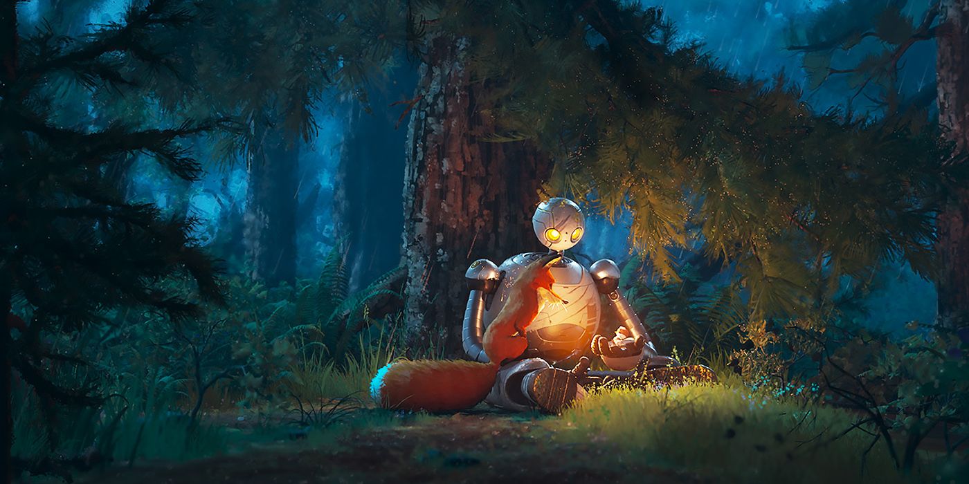 Roz the robot (Lupita Nyong'o) sitting with Fink the fox (Pedro Pascal) in a forest in The Wild Robot