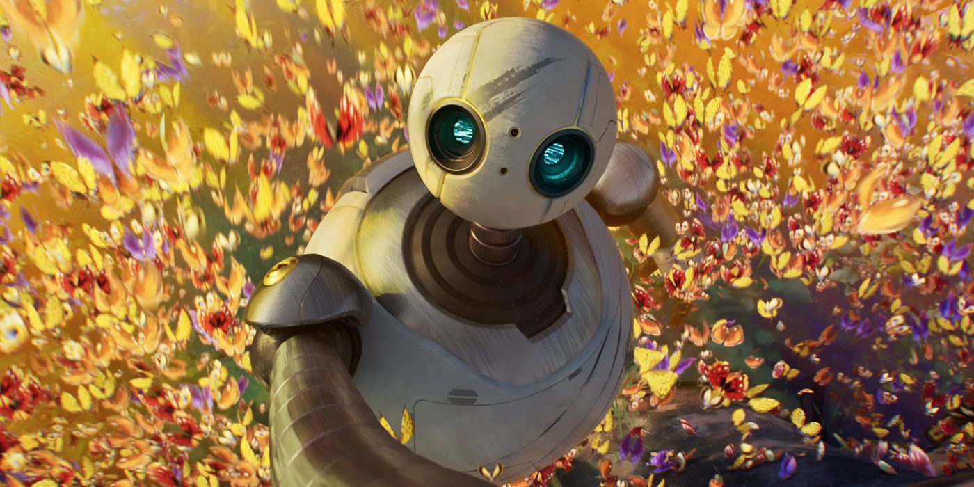 Roz the robot (Lupita Nyong'o) running through a colorful swarm of butterflies in The Wild Robot