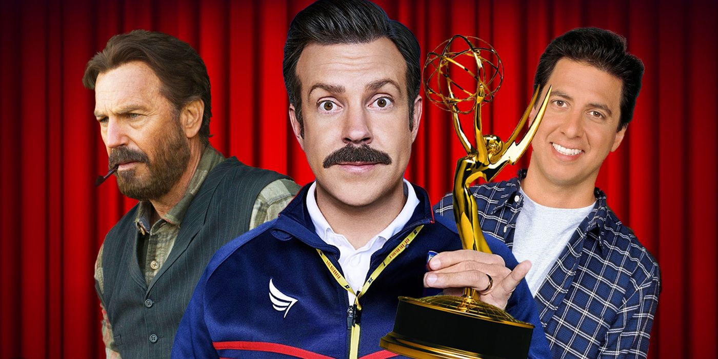 Blended image showing Kevin Costner, Jason Sudeikis with an Emmy, and Ray Romano