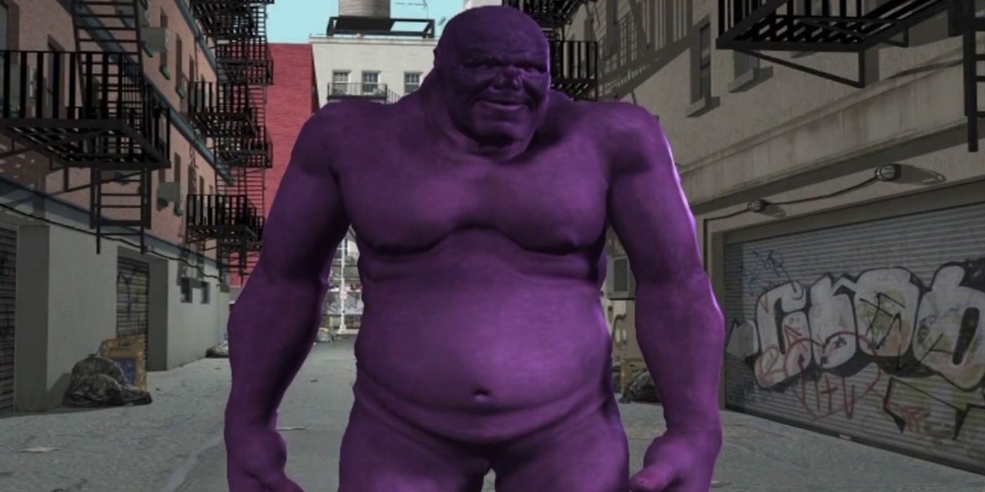 A large, purple man known as The Amazing Bulk standing in the middle of a city alleyway in 'The Amazing Bulk' (2012)