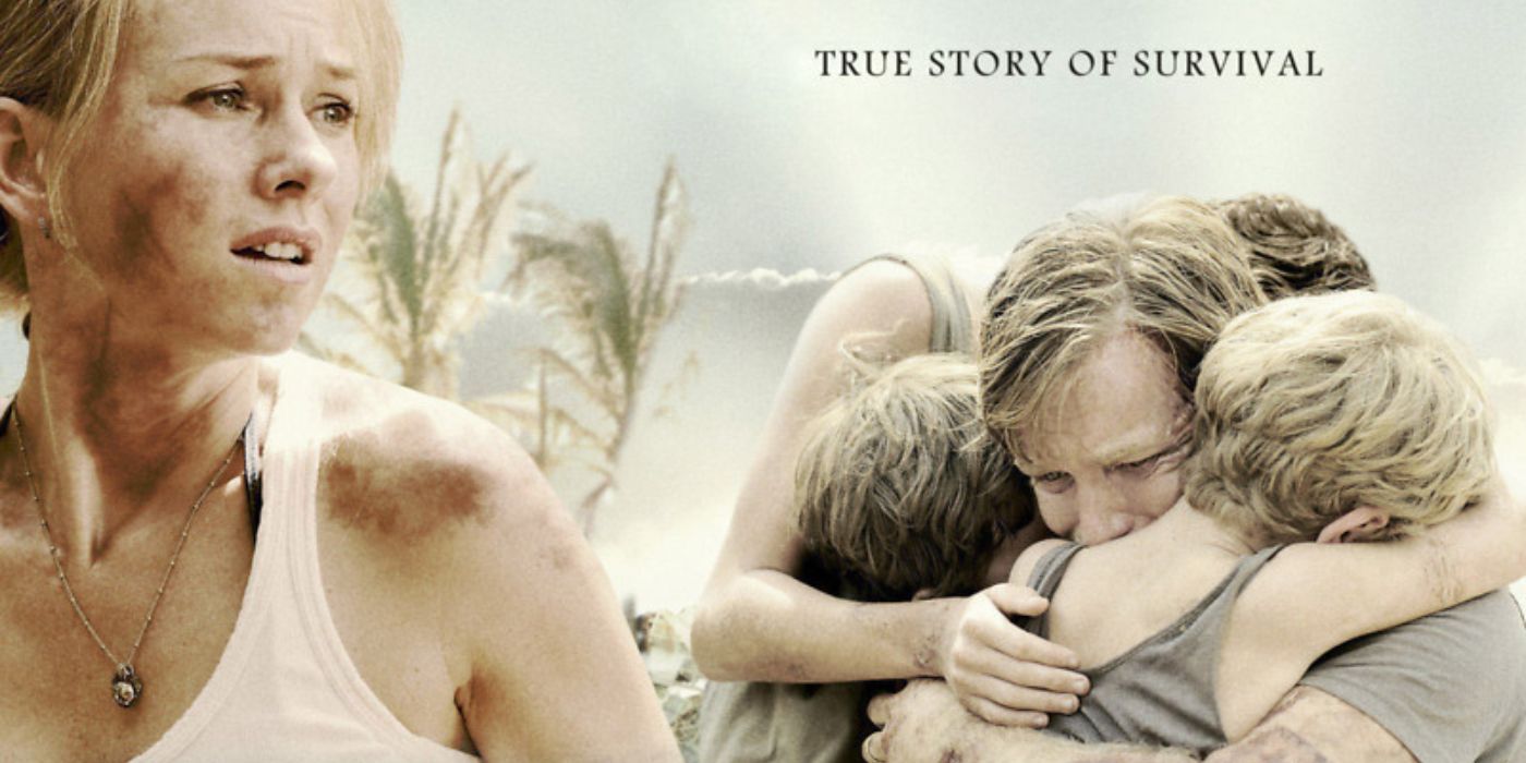 The poster for The Impossible with Naomi Watts looking tired and anxious while a man hugs three children.