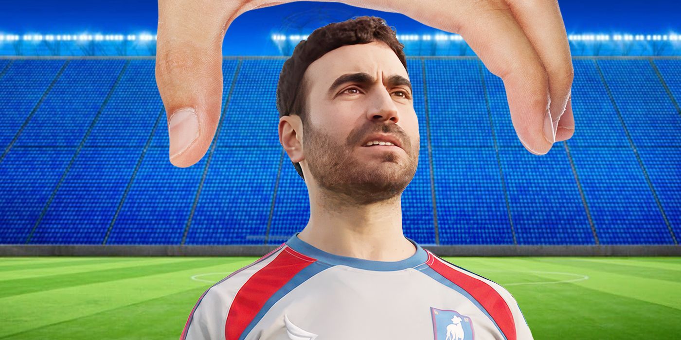 Brett Goldstein as Roy Kent in Ted Lasso, wearing his soccer uniform and looking confused, with a large hand reaching over his head