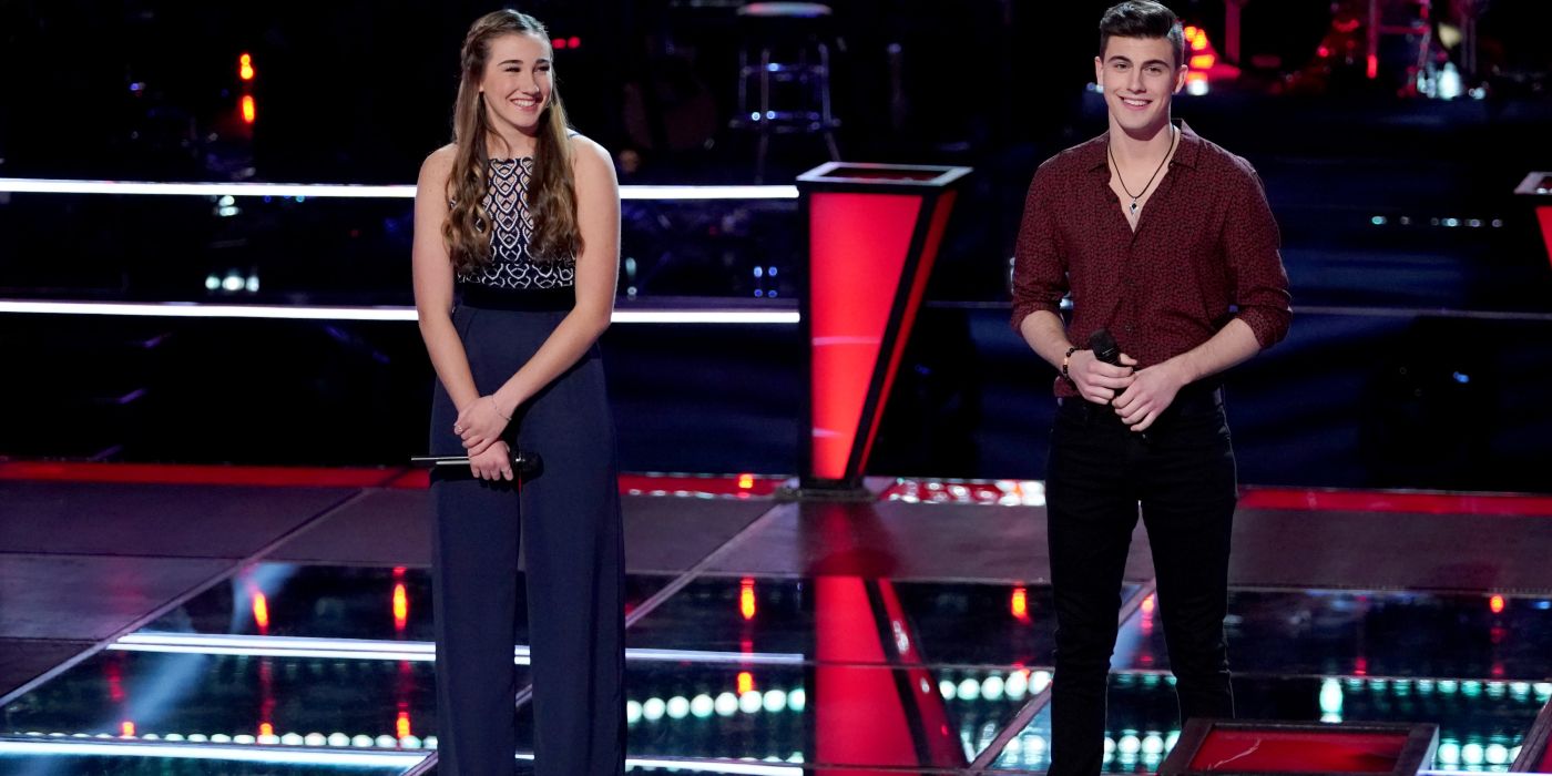 Allegra Miles stands on stage with Michael Williams as they wait for results on The Voice.