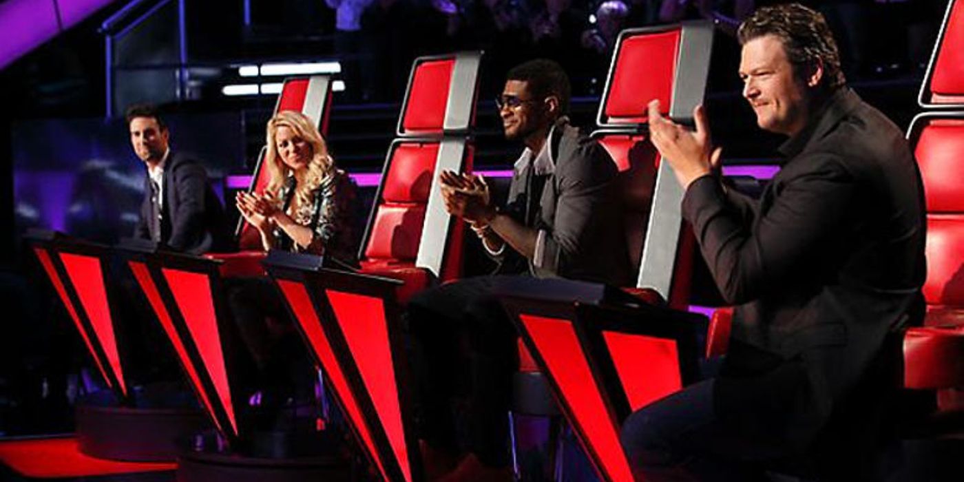 The judges of 'The Voice' Season 4, Adam Levine, Shakira, Usher and Blake Shelton, sitting in their red judges' chairs