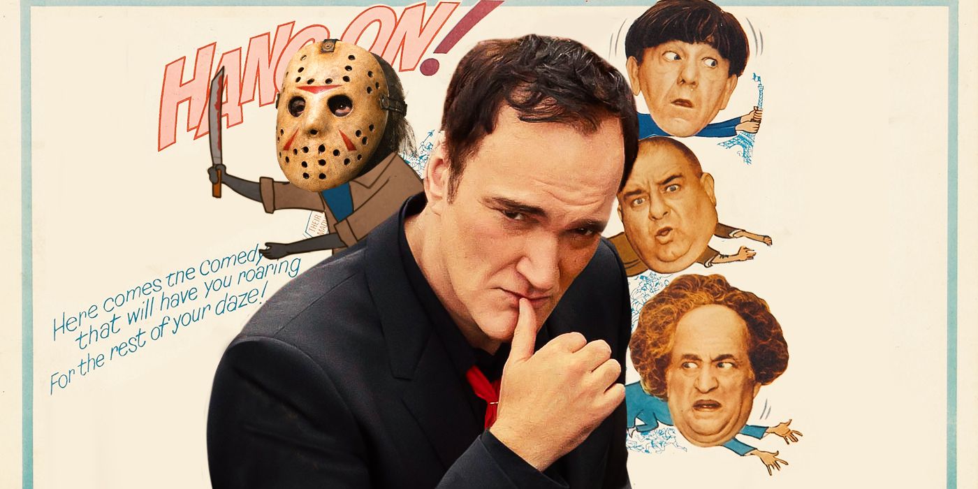 Custom image of Quentin Tarantino against a background that features the Three Stooges and Jason Vorhees