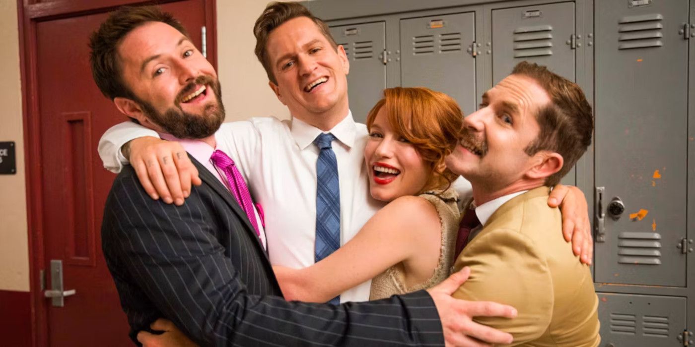 The cast of Those Who Can't hug in the school hallway.