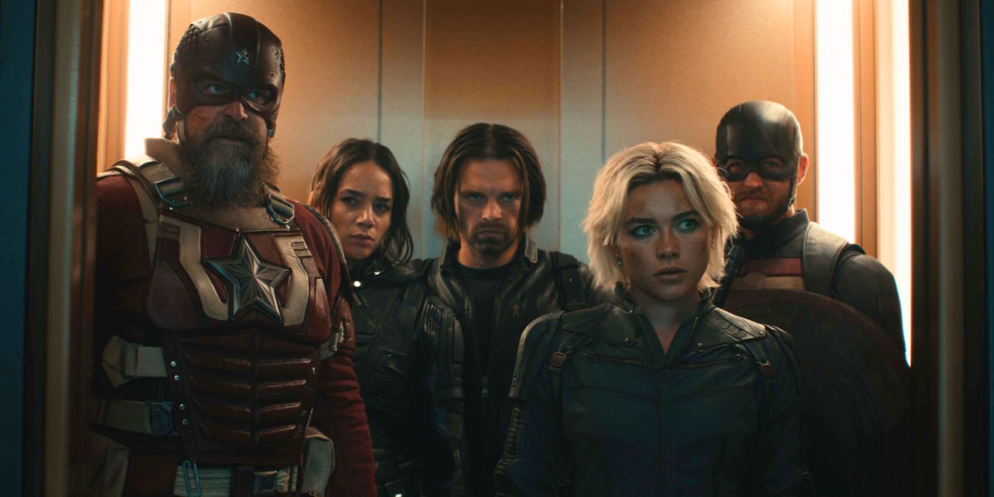 The cast are standing in an elevator in their superhero suits in Thunderbolts.