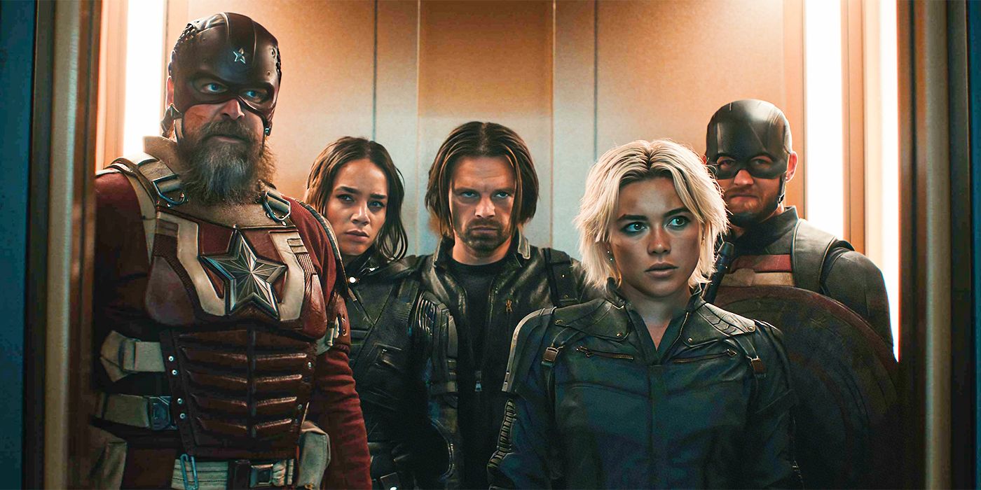 David Harbour as Red Guardian, Hannah John-Kamen as Ghost, Sebastian Stan as Bucky Barnes, Florence Pugh as Yelena, and Wyatt Russell as John Walker in an elevator in Thunderbolts