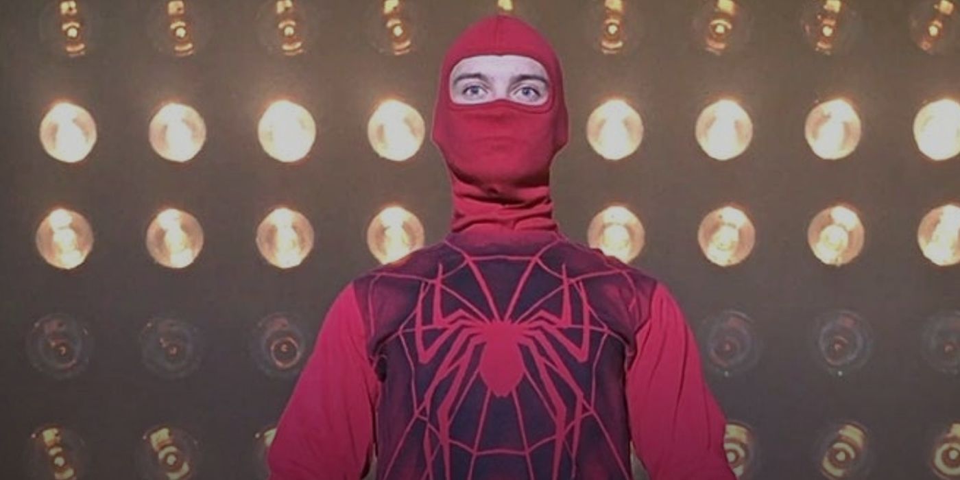 Peter in his homemade Spider-Man suit in a wrestling arena in 'Spider-Man' (2002).