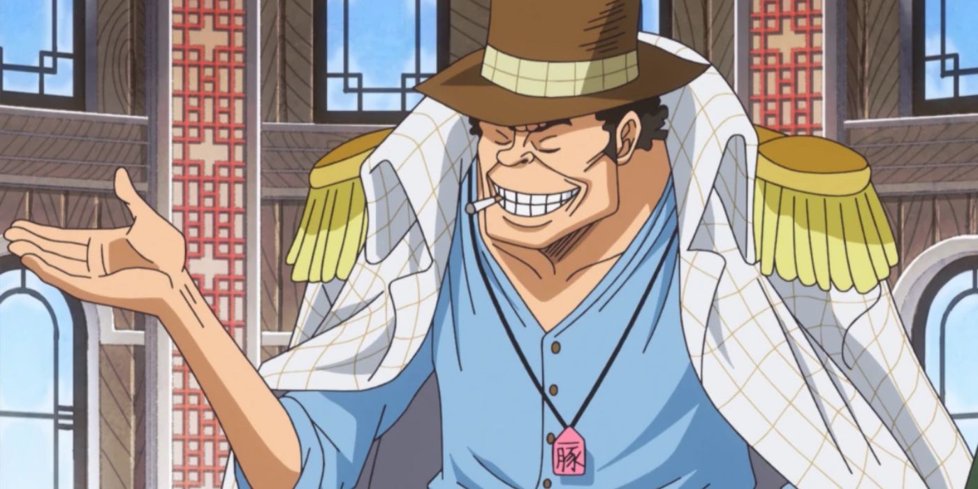 Tokikake smiling with a cigarette and holding his hand up in One Piece