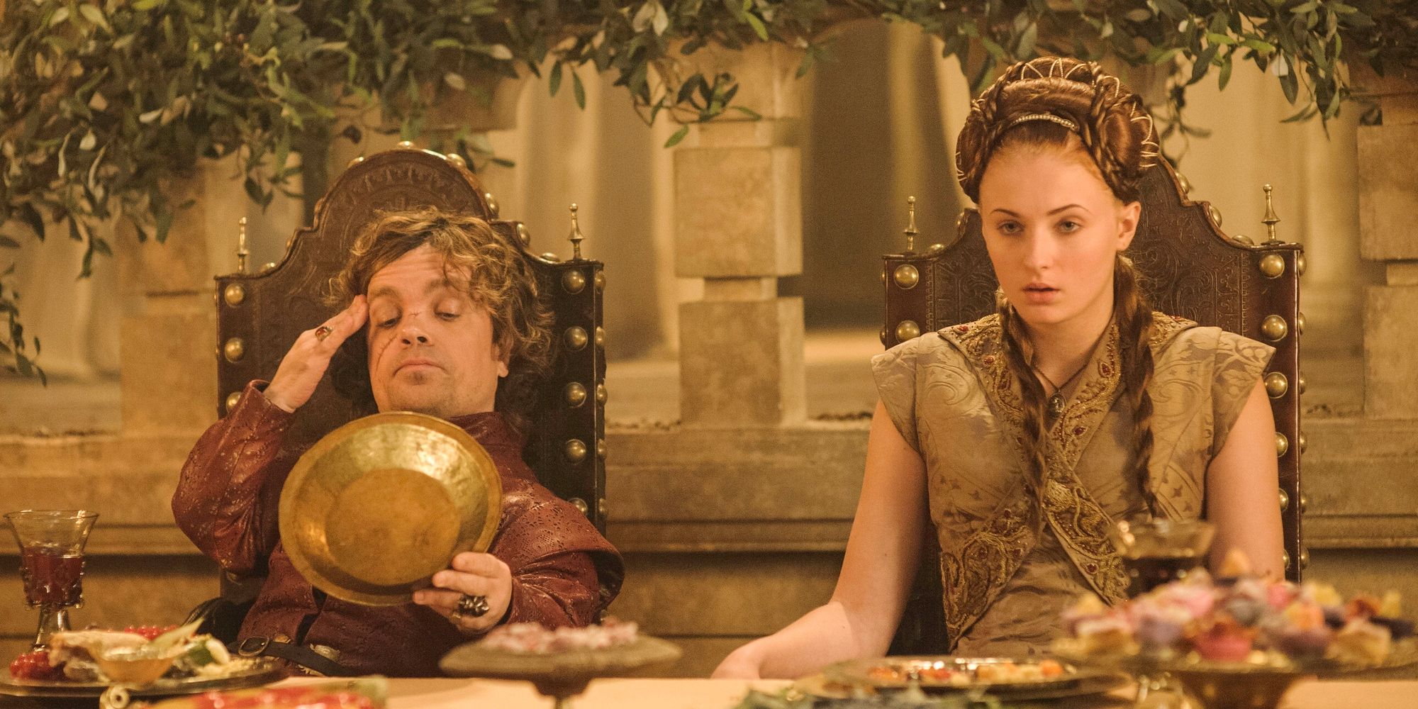 Tyrion Lannister (Peter Dinklage) and Sansa Stark (Sophie Turner) sitting together in &lsquo;Game ofThrones; (1)
