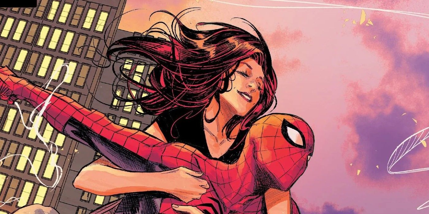 Peter Parker and his wife, Mary Jane Watson-Parker, take to the skies in Ultimate Spider-Man #6. Artwork by Marco Checchetto.