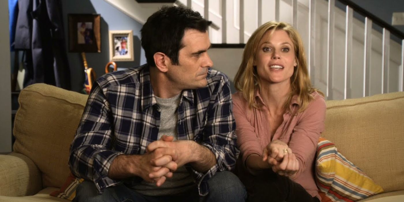 Actor Ty Burrell as Phil Dunphy looking at his wife Claire (Julie Bowen) in Modern Family.