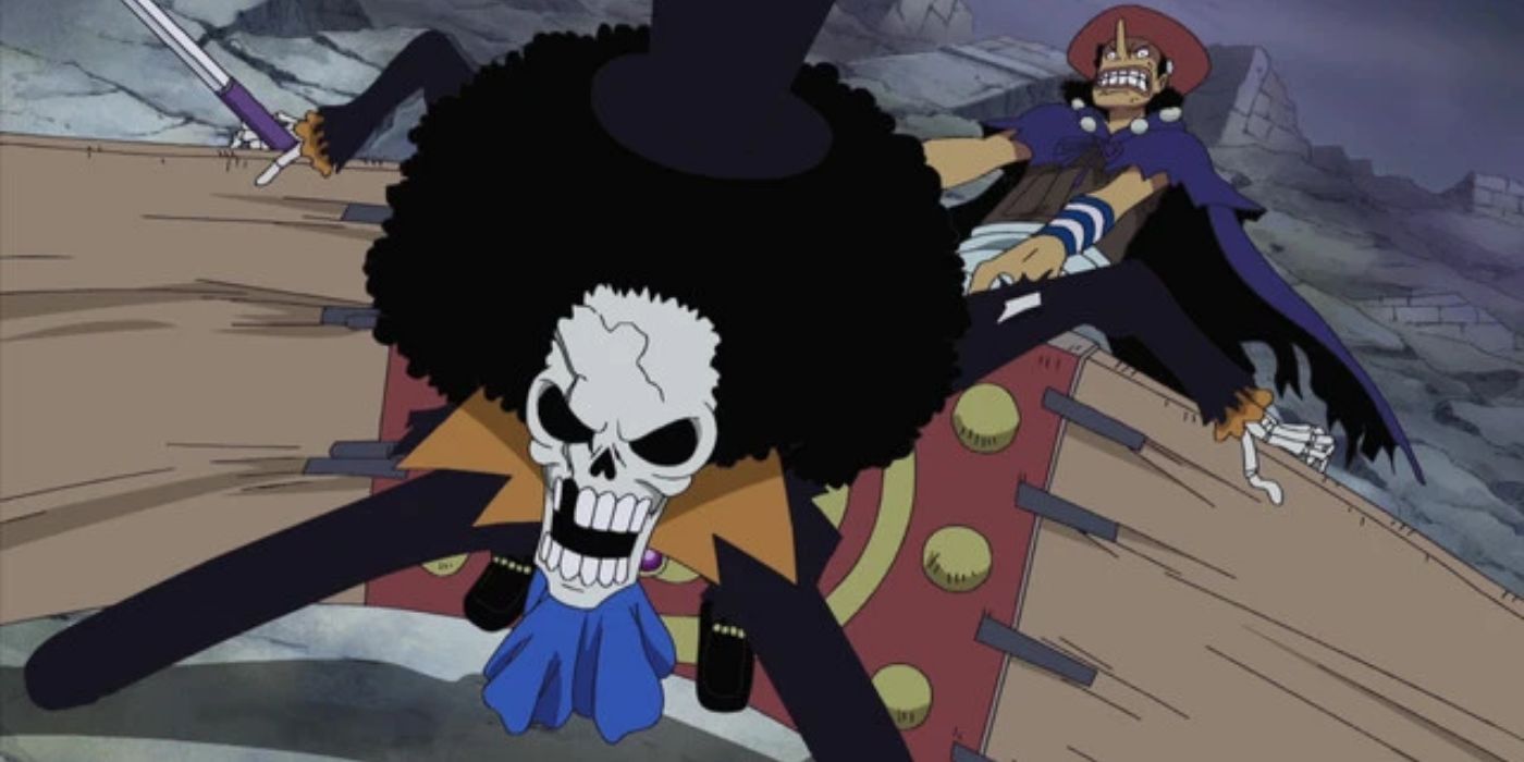 Usopp using a giant rubber band to launch Brook in One Piece