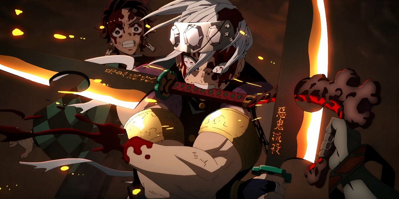 En Demon Slayer: Kimetsu no Yaiba, Uzu salva a Tanjiro con una espada en la boca.