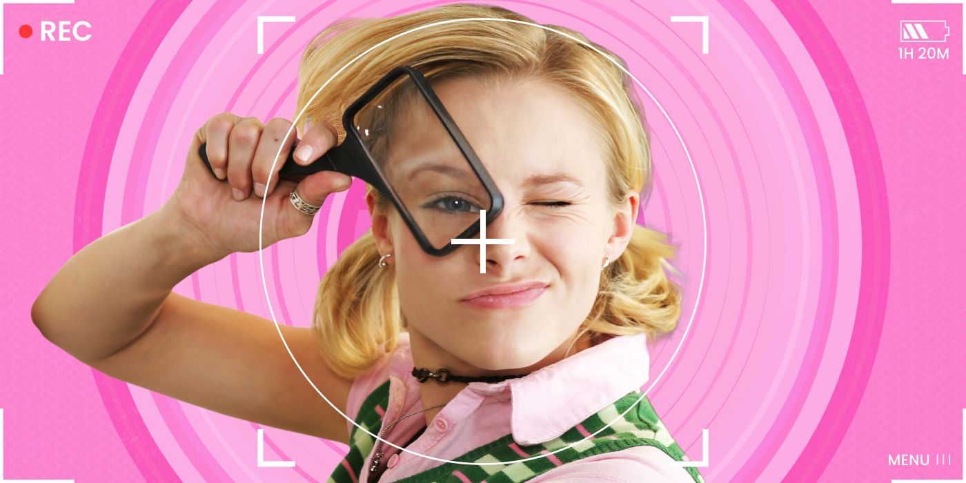 Kristen Bell holding up a magnifying glass to her eye in front of a pink background for a Veronica Mars custom image