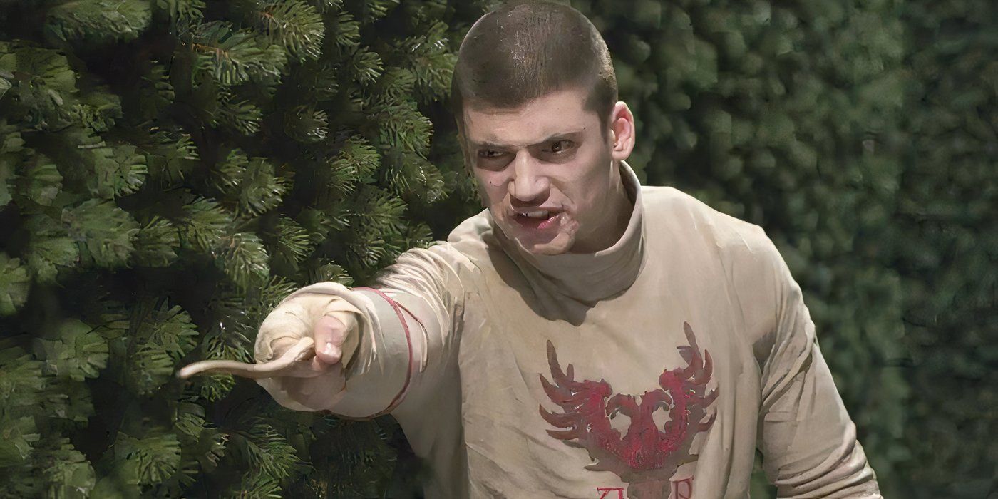 Viktor Krum aiming his wand inside a labyrinth in 'Harry Potter and the Goblet of Fire' 