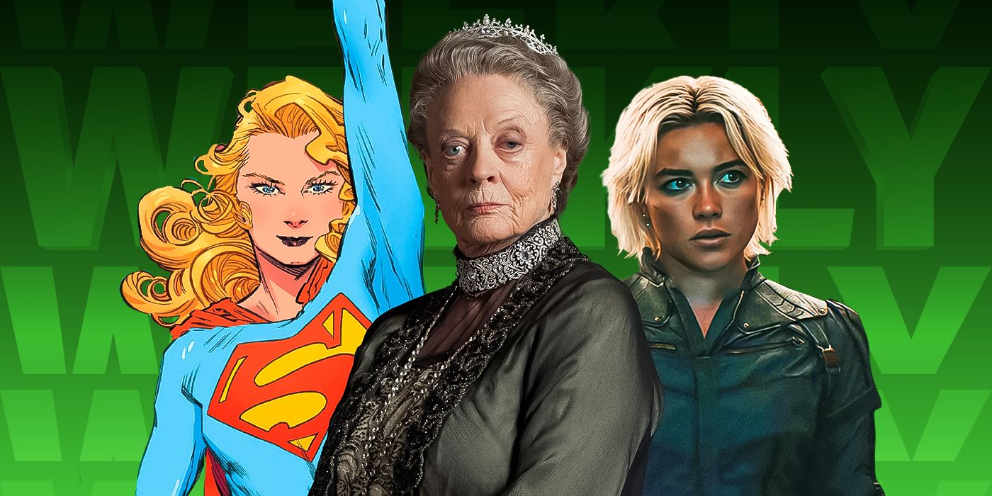 Supergirl, Dame Maggie Smith, and Florence Pugh as Yelena in front of a green news background.