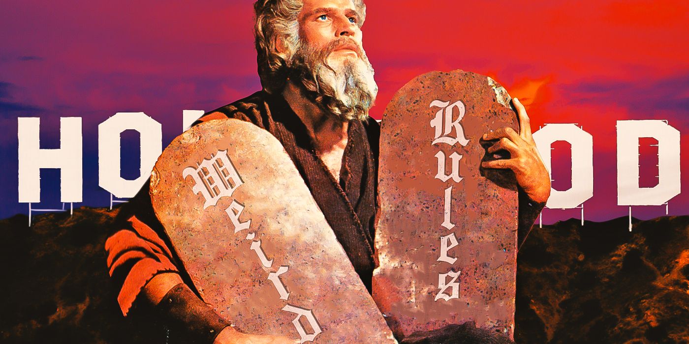 Custom image of Moses walking in front of the Hollywood sign, carrying stone tablets that say 