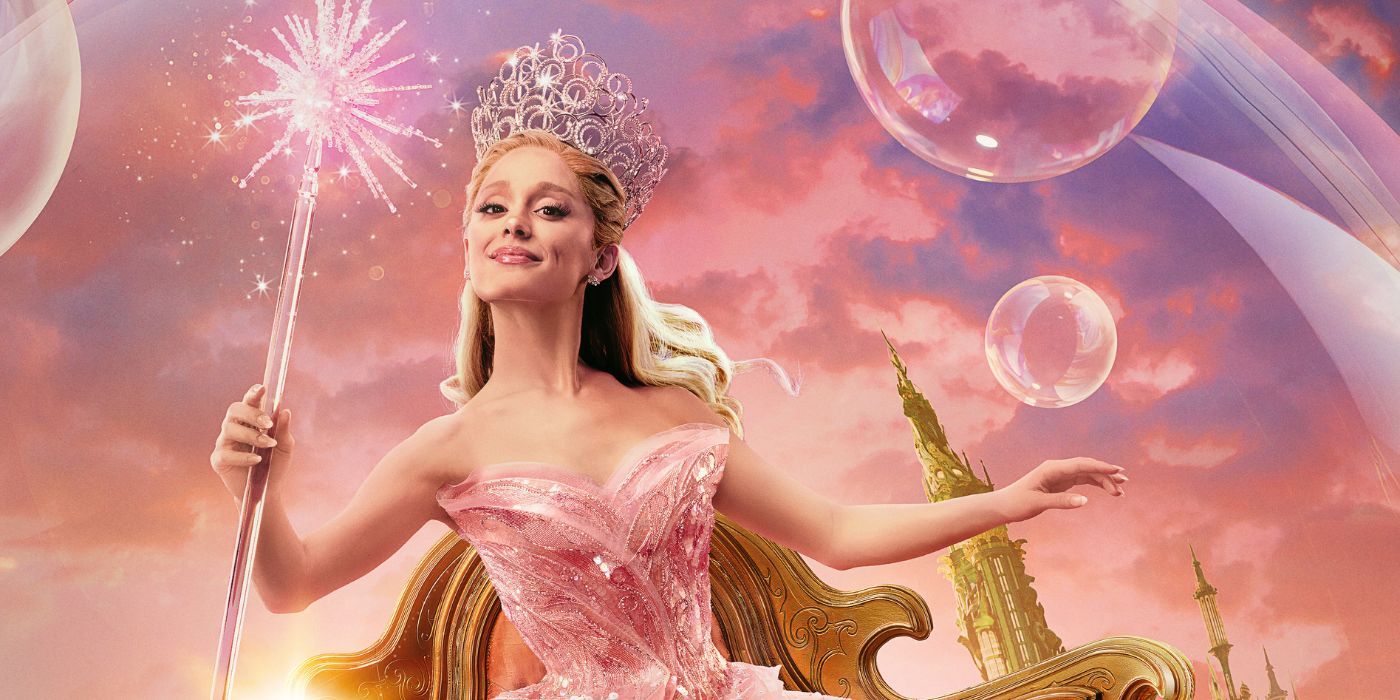 Ariana Grande as Glinda wearing a pink dress while floating in a bubble on a character poster for Wicked.